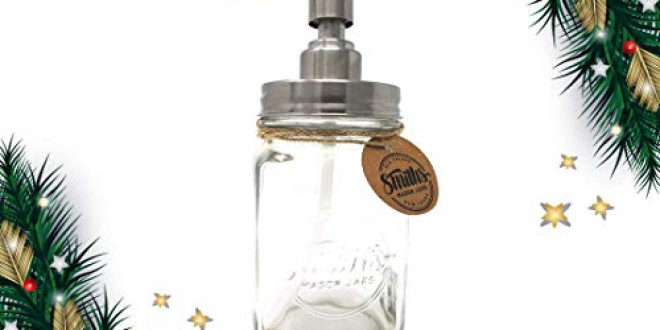 Mason Jar Soap / Liquid Dispenser By Smiths, – 7.25″ High, Decorative Glass Soap-dispenser with Metal Pump & Stainless Steel Spring Mechanism, Bathroom Accessories Beautifully Decorate Any Home – Perfect Gift for Weddings, Birthdays, Christmas