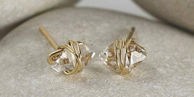 Herkimer Diamond Gold Wrapped Stud Earrings
