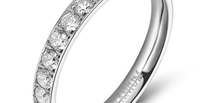 TIGRADE 3mm Women Silvery Titanium Stone Inlay Eternity Ring Anniversary Wedding Engagement Band Size 4-12 (5.5)