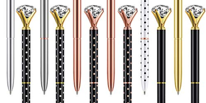 Bememo 12 Pieces Big Diamond Pen Rhinestones Crystal Metal Ballpoint Pens Black Ink (8 mix colors)