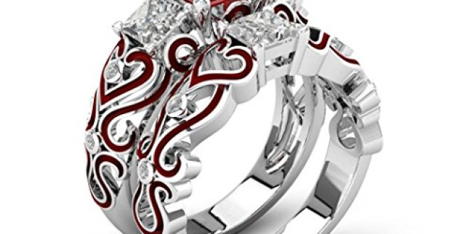 2 Pack Women Wedding Ring Set Red Diamond Silver Heart Band Engagement Bride Gift 2-in-1 (Size 8, Red & Silver)