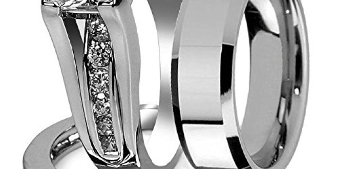 His and Hers Stainless Steel Princess Wedding Ring Set & Beveled Edge Wedding Band Women’s Size 09 Men’s 08mm Size 13