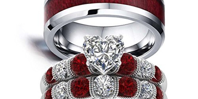 LOVERSRING His and Hers Wedding Ring Sets Couples Rings 10K White Gold Stainless Steel Wedding Engagement Ring Bridal Sets Men’s Tungsten Carbide Band